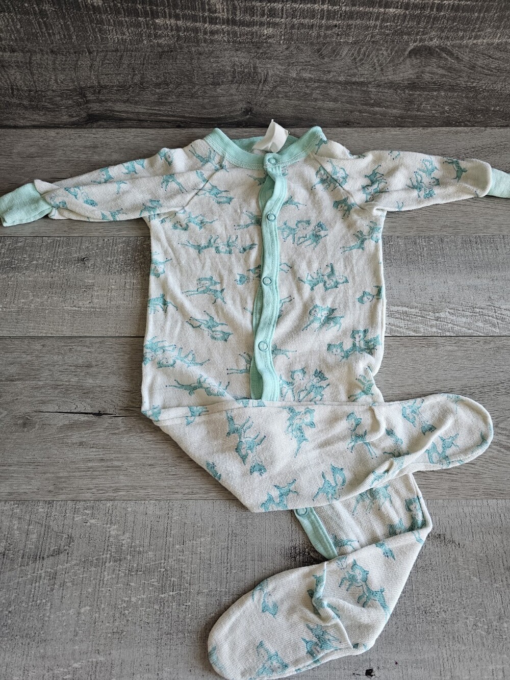 Vintage 60s 70s Baby One Piece Sleeper Newborn Infant Teal Deer Fawn HTF #9